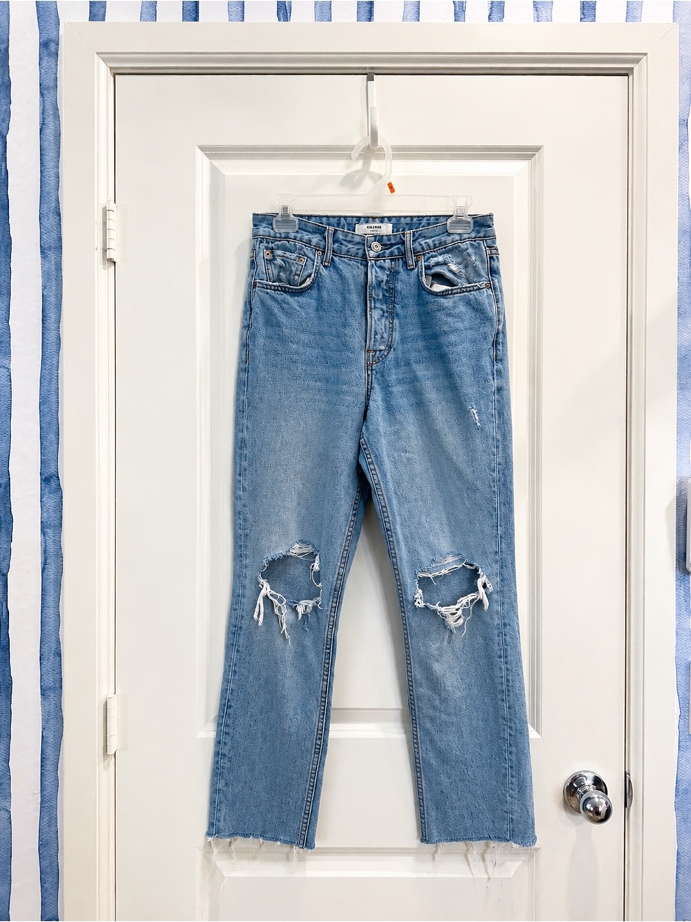 GRLFRND Light Blue Distressed Straight Leg Karolina style Jeans
